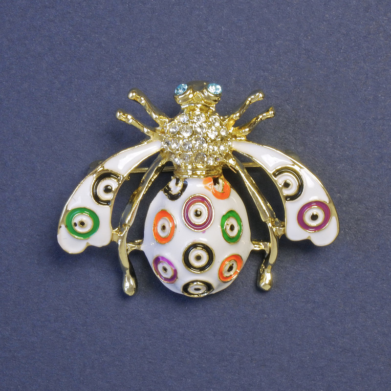 Brooch Insect with White Crystals, White, Green and Orange Enamel, Golden Metal 39x30mm+