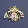 Brooch Insect with White Crystals, White, Green and Orange Enamel, Golden Metal 39x30mm+