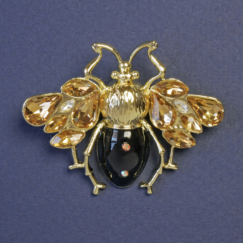 Insect Brooch with Yellow Crystals Black Enamel Gold-Tone Metal 38x49mm+