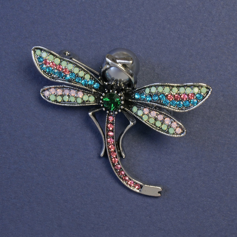 Dragonfly Brooch with Multicoloured Rhinestones and Grey Pearl, Grey Metal, 49x40mm+