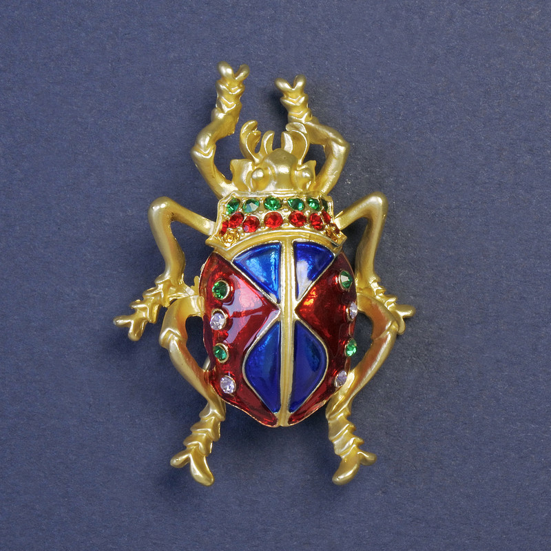 Scarab Beetle Brooch Blue and Red Enamel with Rhinestones Gold-Tone Metal 43x25mm+
