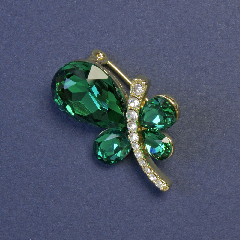 Butterfly Brooch with Green Crystals Gold-Tone Metal 29x28mm+
