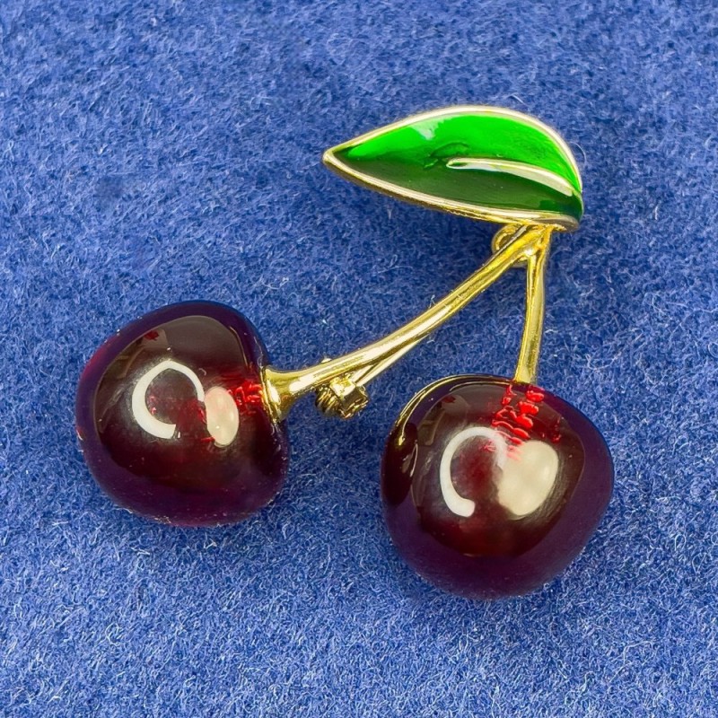 Cherries Brooch, Green Enamel, Gold-Tone Metal 40x35mm+