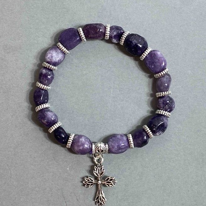 Lepidolite Natural Stone Bracelet, tumbled, diameter 9x11mm+-, length 18cm+- stretch