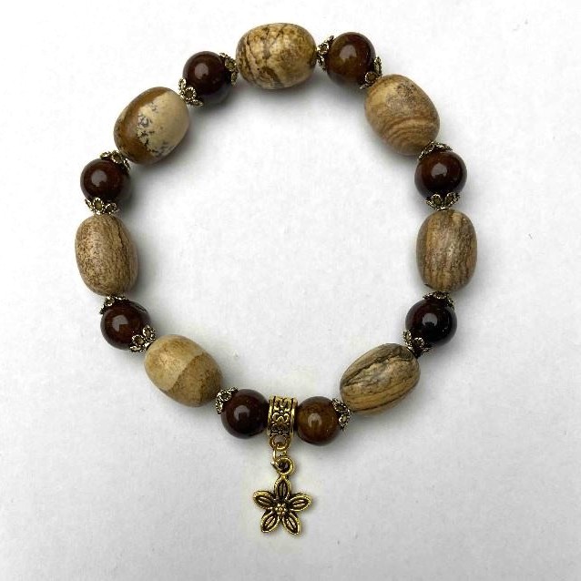 Picture Jasper Barrel Bracelet, diameter 10x14mm+- Tiger's Eye Round Bead, diameter 8.5mm+-, length 18cm+- stretch