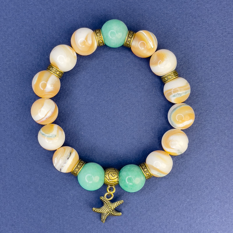 Bracelet Beige Mother-of-Pearl & Jadeite Smooth Bead, diameter 12mm, length 18cm+/- stretch