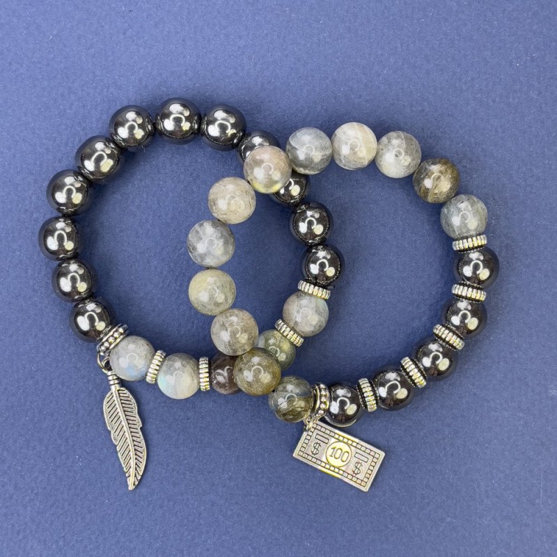 Labradorite Hematite Bracelet Set, Smooth Bead 10mm+/- with Metal Inserts, Length 18cm+/- Stretch
