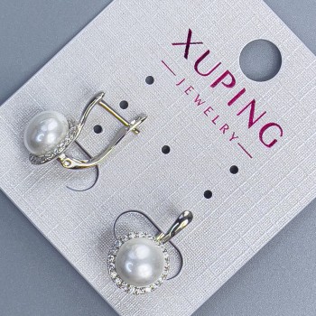 Earrings 'Xuping' rhodium with a Mallorca pearl, 8mm diameter and white crystals, length 17mm +
