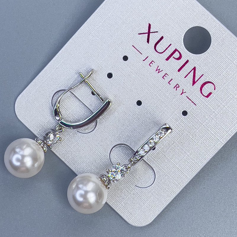 Xuping Rhodium Earrings with 10mm Pearl and White Rhinestones, Length 30mm+