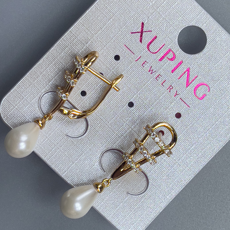 Xuping Earrings 18K Gold-Plated with Pearl, Diameter 7x9mm and White Rhinestones, Length 32mm+