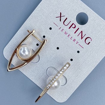 Xuping Earrings 18K Gold-Plated with Pearl, Diameter 8mm and White Rhinestones, Length 28mm+