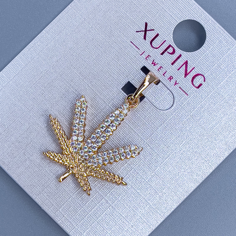 Xuping "Hemp Leaf" Pendant with White Rhinestones, diameter 21mm+/-, length 29mm+/- 18K gold plating
