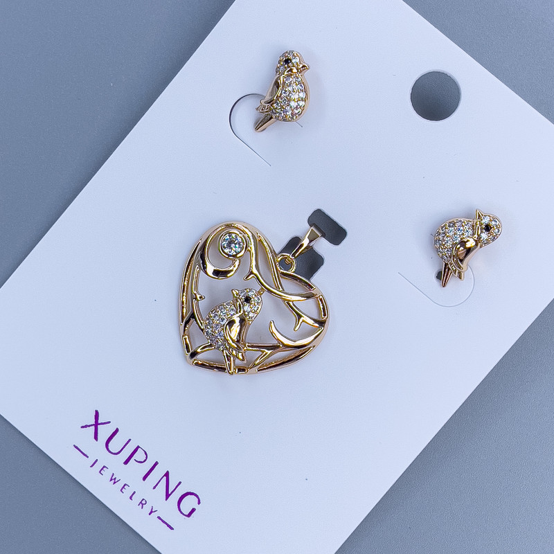 Xuping Set: "Bird" Stud Earrings and "Heart with Bird" Pendant, Length 26mm+, 18K Gold Plating