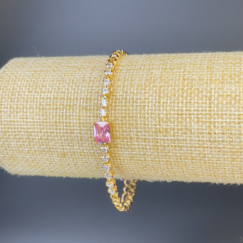 Xuping Bracelet with White Rhinestones and Pink Stone, Thickness 3mm, Length 19cm+/- Gold-Plated