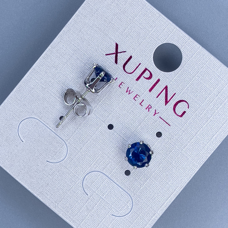 Xuping Stud Earrings with Blue Stone, Crown Setting 6mm+/- Rhodium Plated