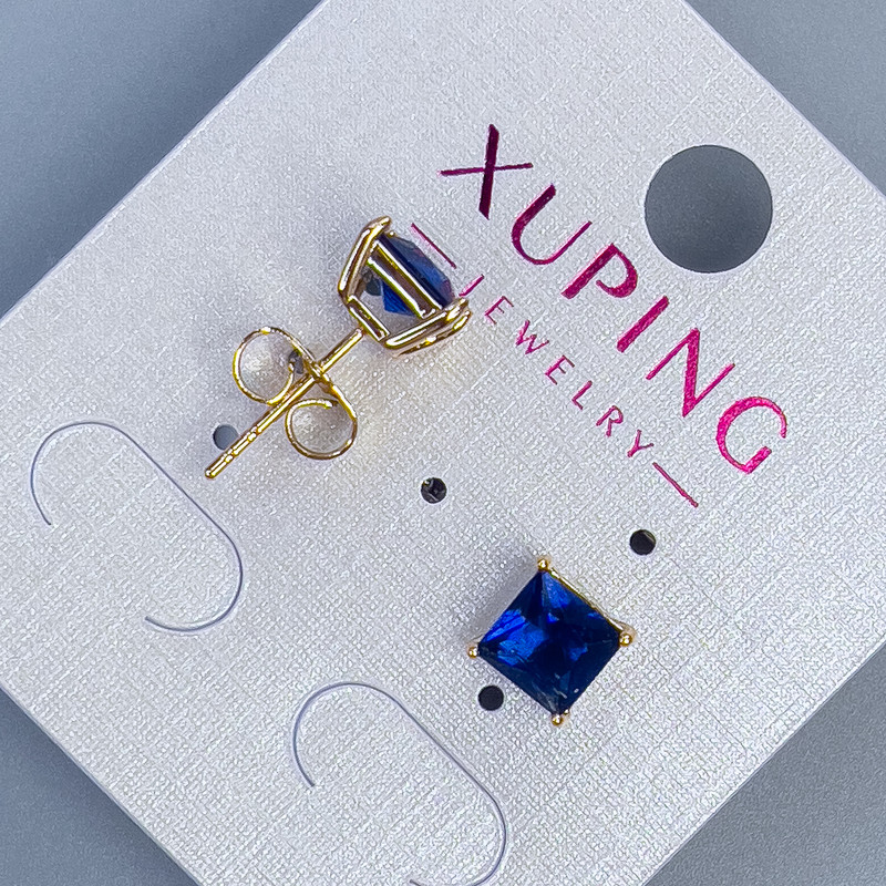 Xuping Stud Earrings with Blue Stone, Quadro Setting 6mm+/- 18K Gold Plated