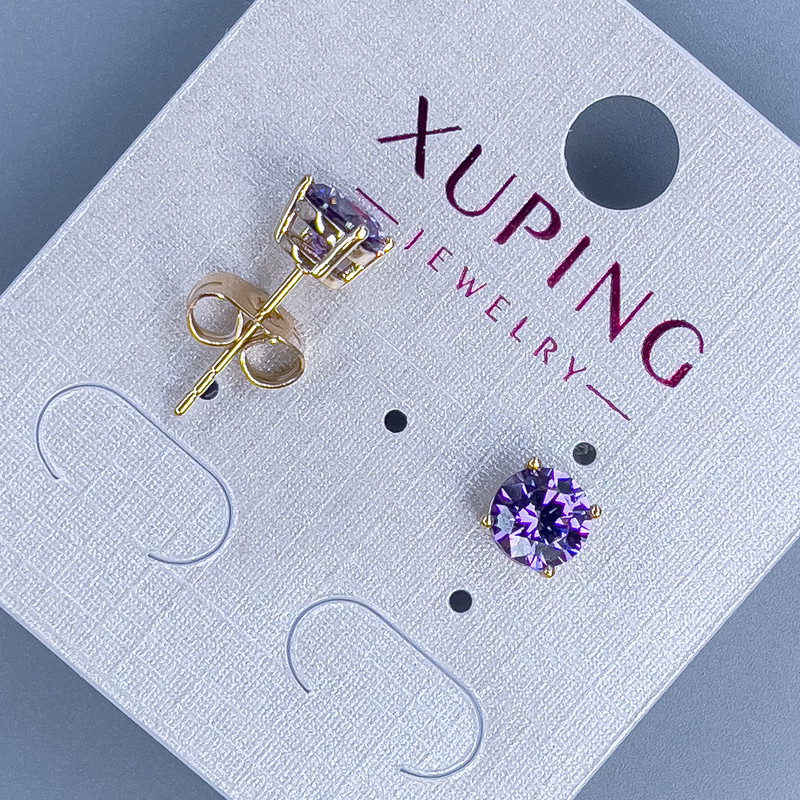 Xuping Stud Earrings with Purple Stone "Quadro" Setting 6mm+- 18K Gold Plated