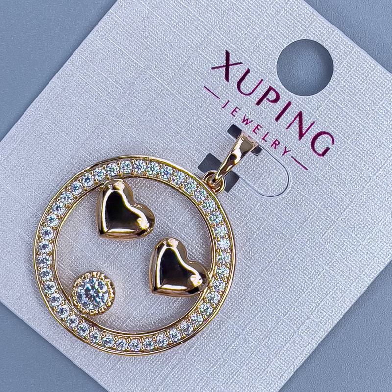 Xuping "Two Hearts" Pendant with White Rhinestones, Diameter 26mm+/-, Thickness 3mm+/-, Length 32mm+/-, Gold-Plated
