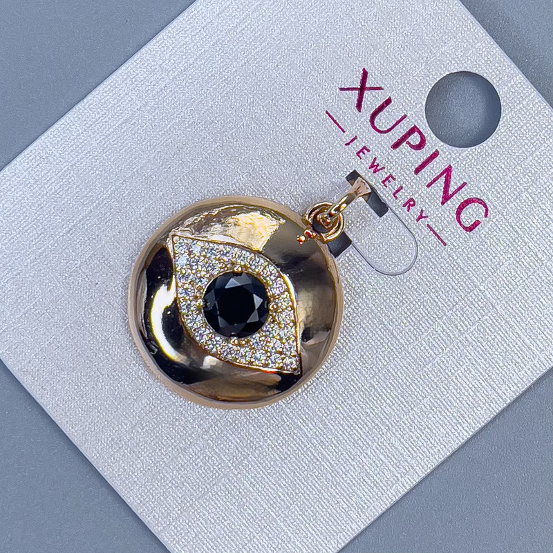 Xuping Pendant with White Rhinestones and Black Crystal, Diameter 19mm+/-, Thickness 5mm+/-, Length 29mm+/-, Gold-Plated