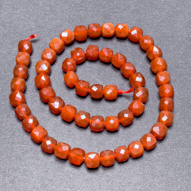 Carnelian Beads on a String, Faceted Cube, diameter 7mm+/-, length 37cm+