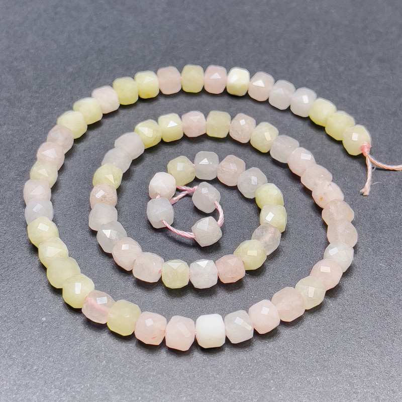 Morganite Beads on Thread, Faceted Cube, Diameter 5mm+/-, Length 37cm+