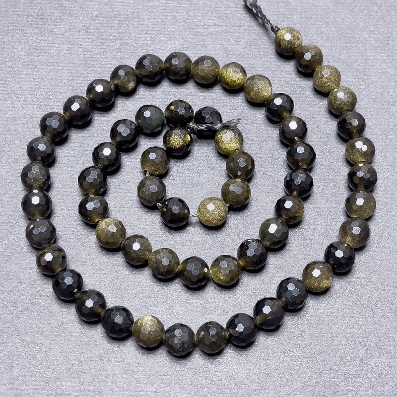 Sun Obsidian Beads on Thread, Faceted Round, Diameter 6mm+/-, Length 37cm+