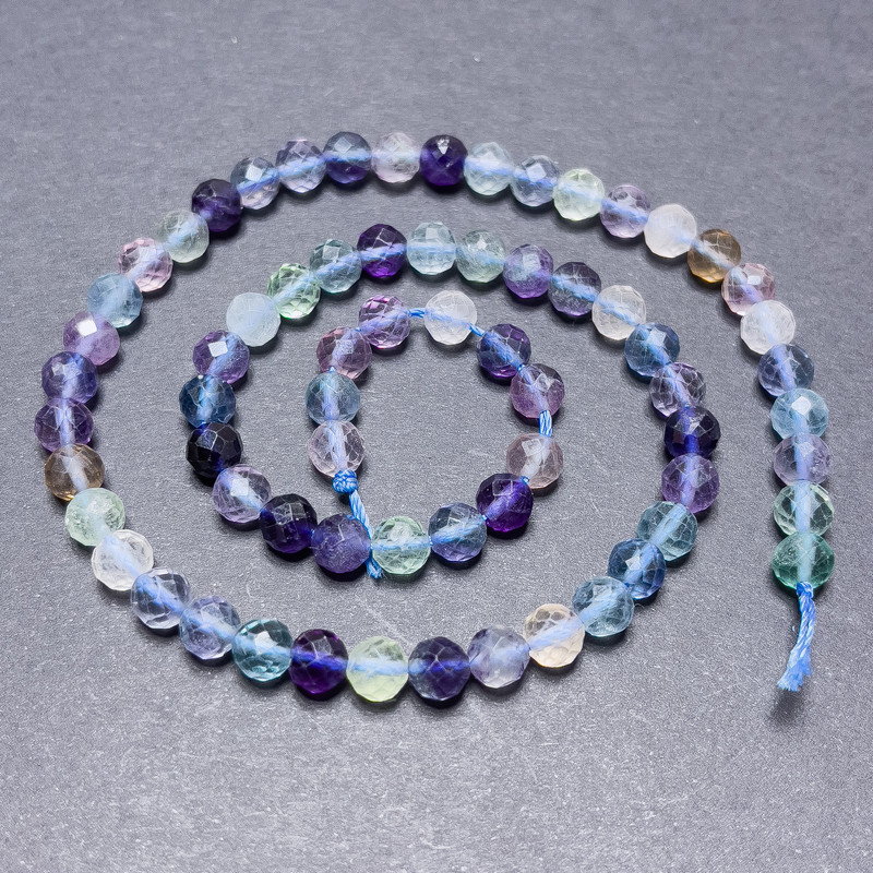 Fluorite Beads on Thread, Faceted Round, Diameter 6mm+/-, Length 39cm+