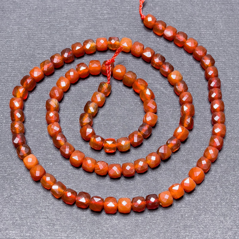 Carnelian Beads on Thread, Faceted Cube, Diameter 4mm+-, Length 39cm+