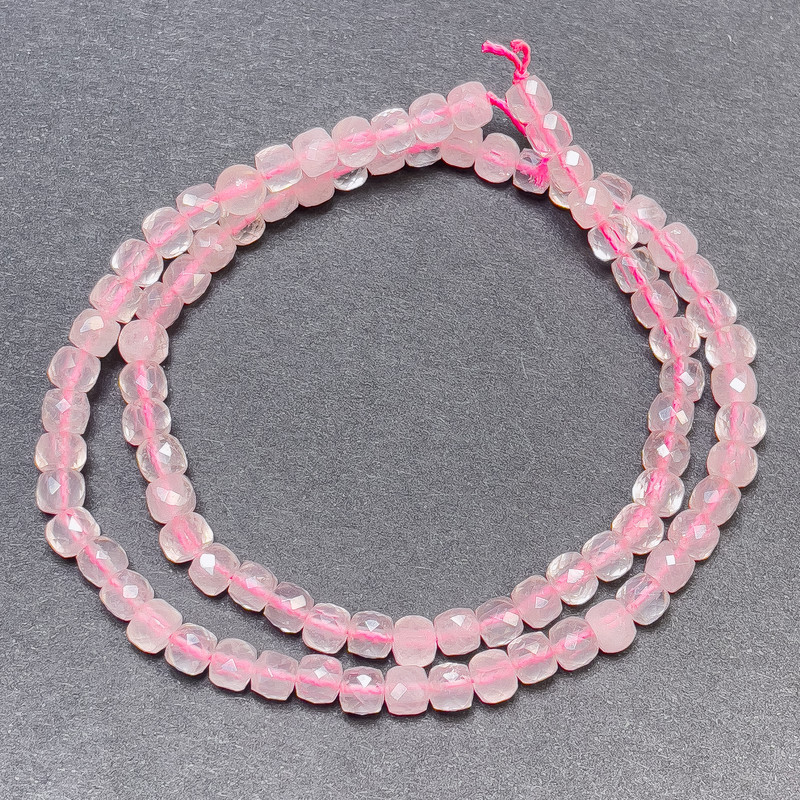 Rose Quartz Beads on Thread, Faceted Cube, Diameter 4mm+/-, Length 39cm+