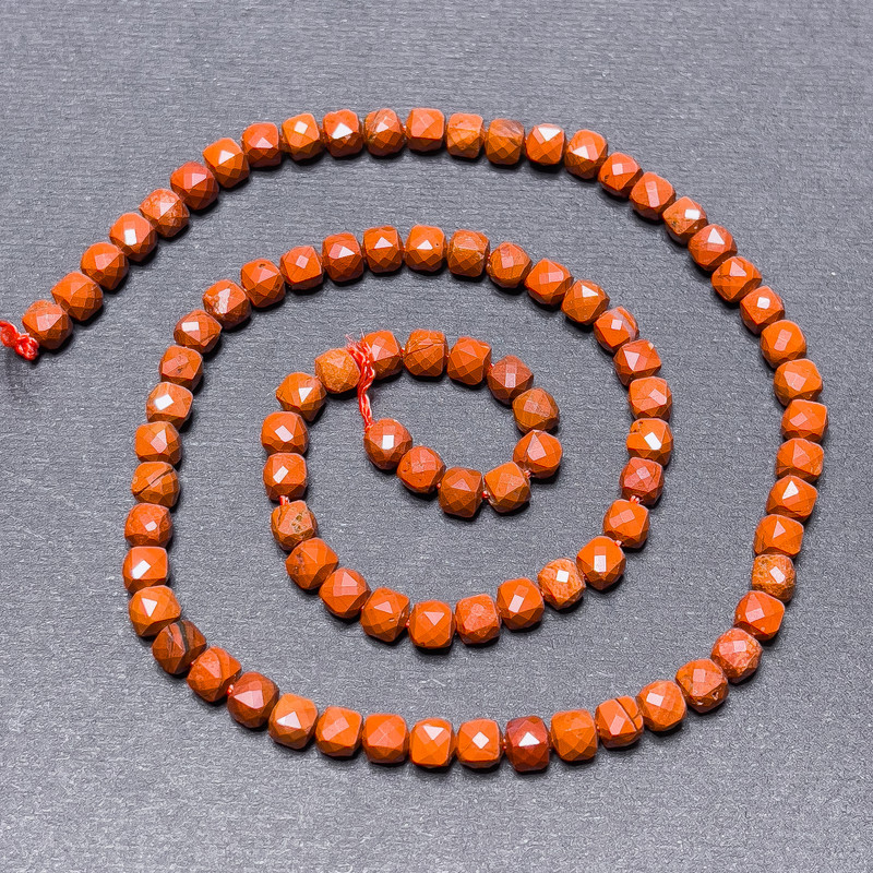 Red Jasper Beads on Thread, Faceted Cube, Diameter 4mm+/-, Length 39cm+