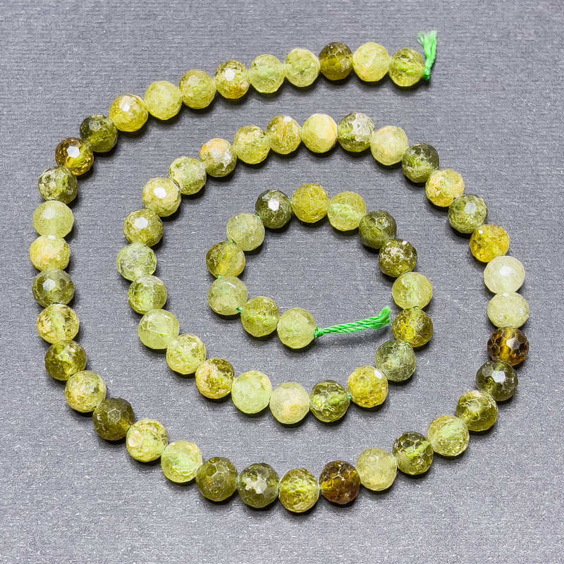 Grossular (Green Garnet) Beads on Thread, Faceted Round, Diameter 6mm+-, Length 39cm