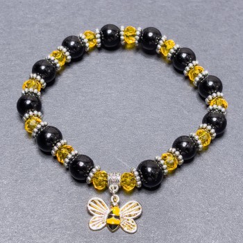 Agate & Czech Crystal Bracelet, Smooth Round & Rondelle, Length 18cm Stretch