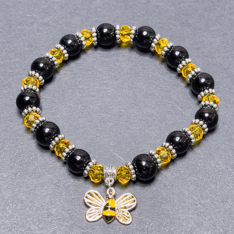 Agate & Czech Crystal Bracelet, Smooth Round & Rondelle, Length 18cm Stretch