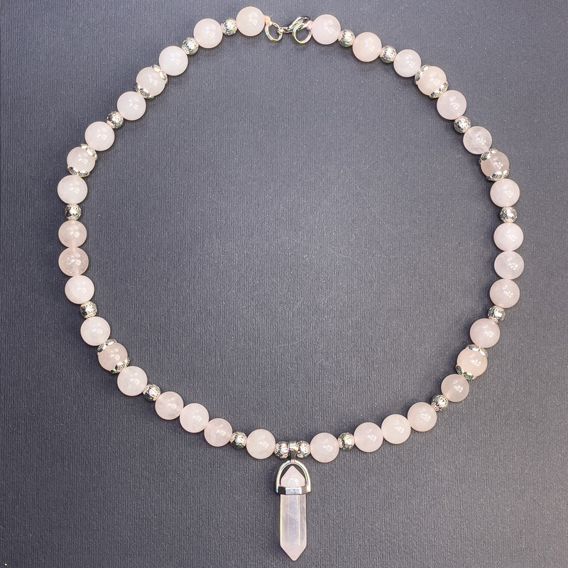 Rose Quartz Necklace Smooth Ball, Diameter 10mm+/- with Hexagon on Thread with Clasp, Length 50cm+
