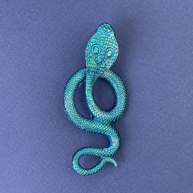 Brooch Pendant Snake Cobra Blue Enamel Silver-Tone Metal 77x33mm+