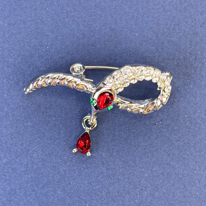 Snake Brooch Silver Colour with White and Red Rhinestones Silver-Tone Metal 39x22mm+