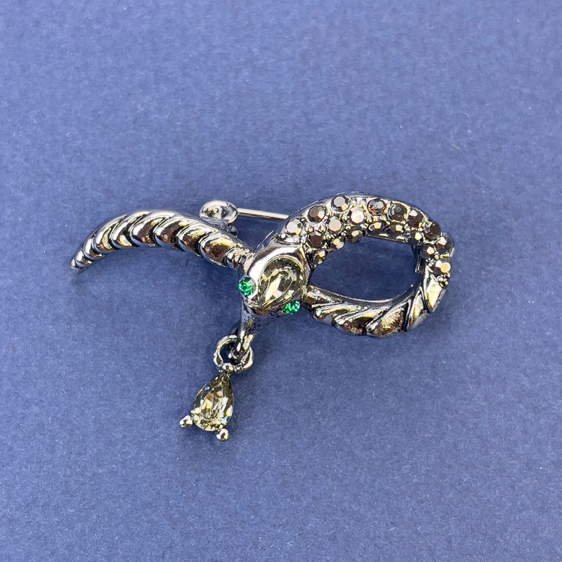 Snake Brooch Grey with Grey Rhinestones Silver-Tone Metal 39x22mm+
