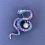 Snake Brooch Purple-Blue Enamel with Rainbow Rhinestones and a Pearl Silver-Tone Metal 46x25mm +