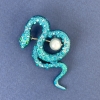 Snake Brooch, Blue Enamel with Rainbow Rhinestones and Pearl, Silver-Tone Metal, 46x25mm +