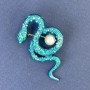 Snake Brooch, Blue Enamel with Rainbow Rhinestones and Pearl, Silver-Tone Metal, 46x25mm +