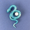 Snake Brooch, Blue Enamel with Rainbow Rhinestones and Pearl, Silver-tone Metal, 46x25mm +