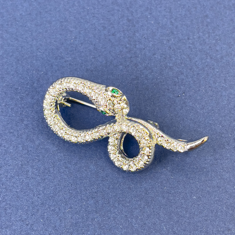 Snake Brooch Pendant, Silver with White Rhinestones, Silver-tone Metal, 44x20mm +