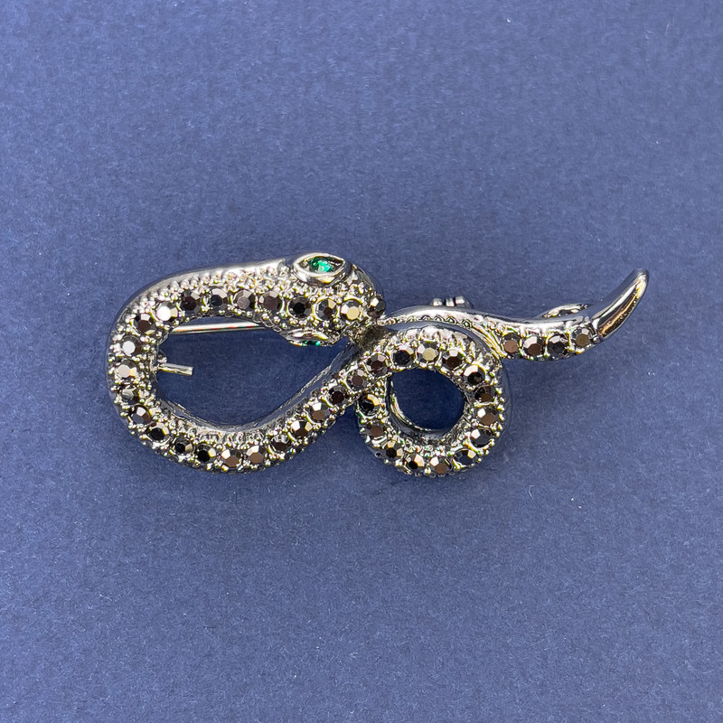 Snake Brooch Pendant, Grey with Grey Rhinestones, Silver-tone Metal, 44x20mm +
