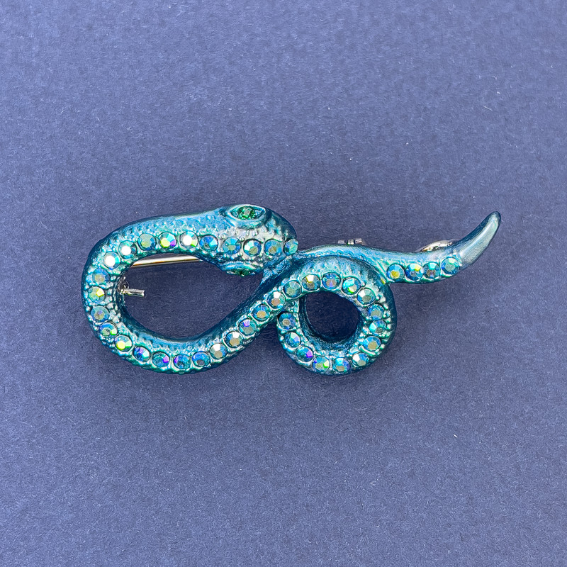 Snake Brooch Pendant, Blue Enamel with Rainbow Rhinestones, Silver-tone Metal, 44x20mm +