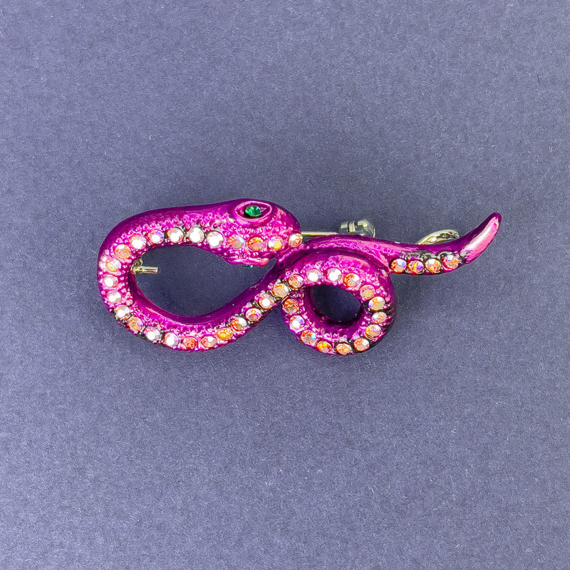 Snake Brooch Pendant, Pink Enamel with Rainbow Rhinestones, Silver-Tone Metal, 44x20mm +