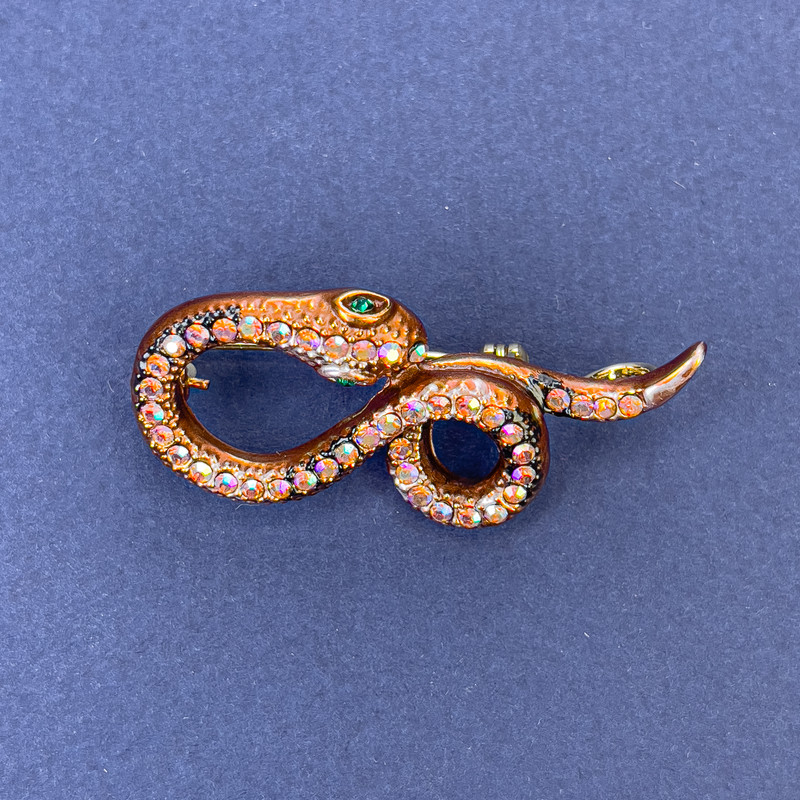 Snake Brooch Pendant, Bronze Colour with Rainbow Rhinestones, Gold-Tone Metal, 44x20mm +
