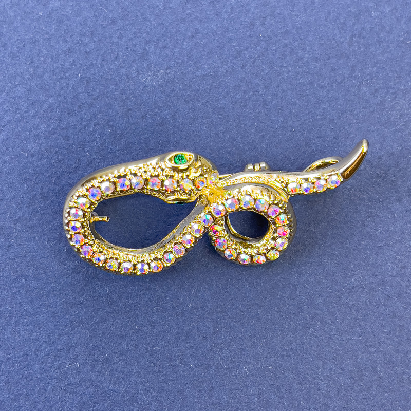 Snake Brooch Pendant, Gold Colour with Rainbow Rhinestones, Gold-Tone Metal, 44x20mm +
