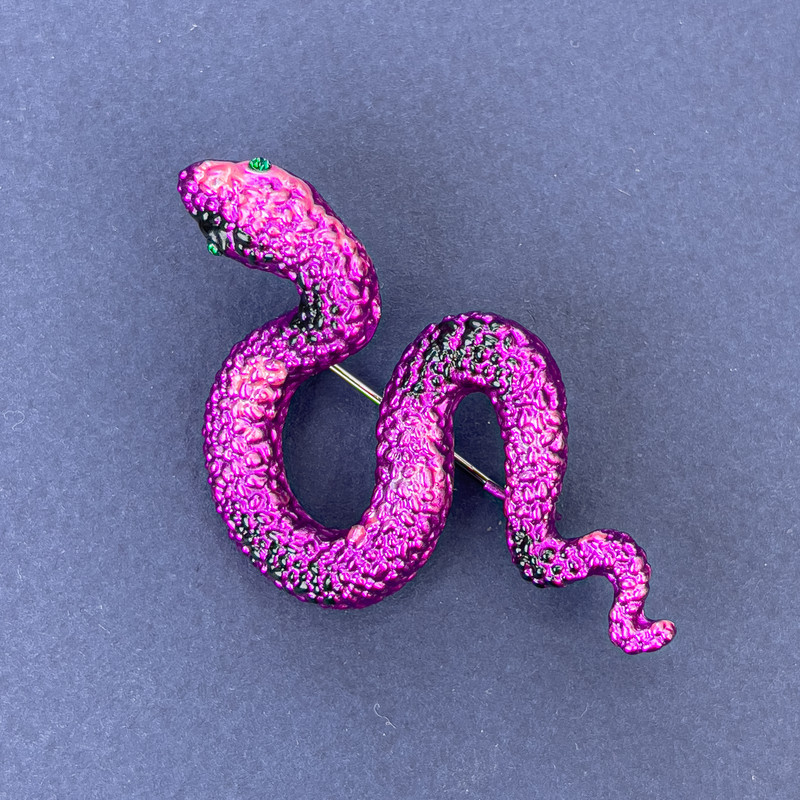 Snake Brooch Pendant, Pink Enamel with Green Rhinestones, Silver-tone Metal, 53x30mm +