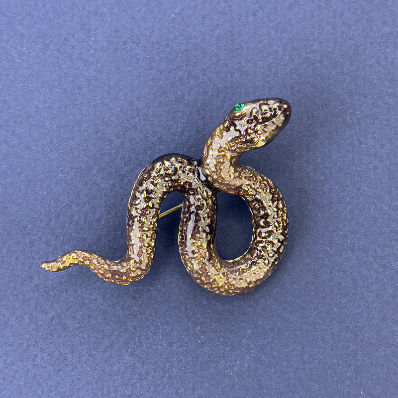 Snake Brooch Pendant, Bronze-Colour Enamel with Green Rhinestones, Gold-Tone Metal, 53x30mm +