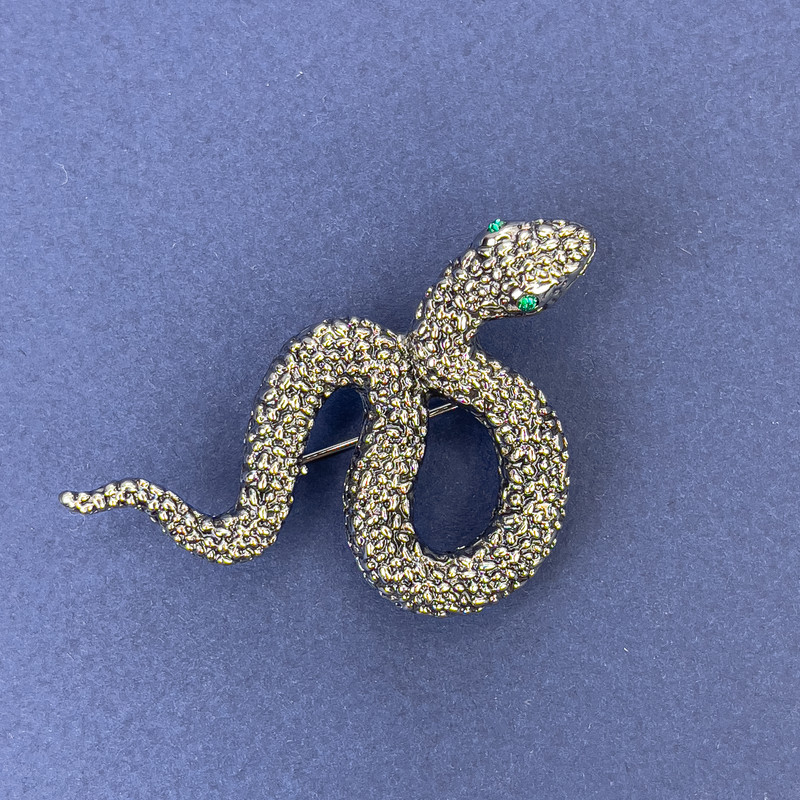Snake Brooch Pendant with Green Rhinestones, Silver-tone Metal, 53x30mm +